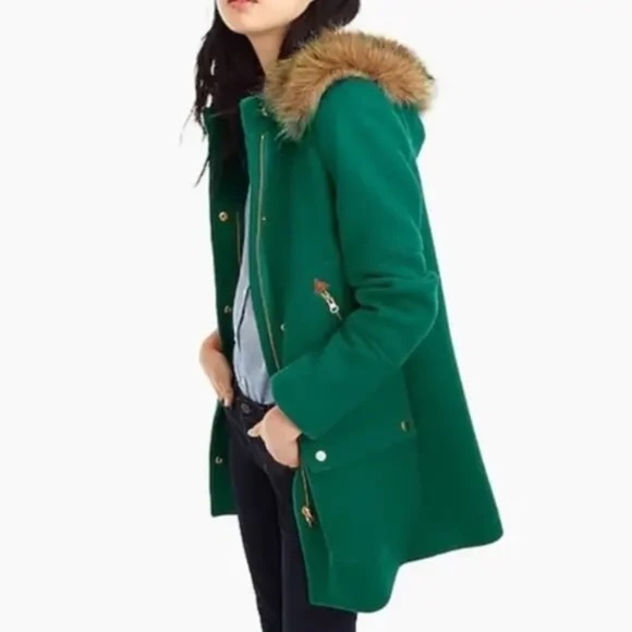J.Crew Chateau Parka Italian Stadium-Cloth Wool Faux Fur Coat Kelly Green 8 TALL - Picture 1 of 11